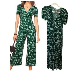 Reformation France Jumpsuit Green Floral Size 2 Short Sleeve Wide Leg Crop